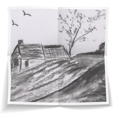 Huisje aan de dijk - naar een schets van Vincent van Gogh - A4 - houtskool op papier 200 gr - 25072026