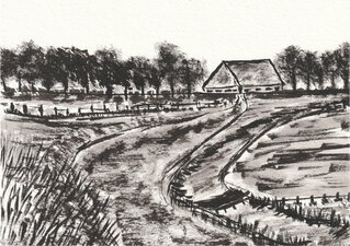 © Gerry Jöris - Winter op het Hogeland - houtskool, aquarel en oostindische inkt op zwart karton - 14,8x21 - 21012025