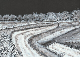 © Gerry Jöris - Winter op het Hogeland - houtskool, aquarel en oostindische inkt op zwart karton - 14,8x21 - 21012025